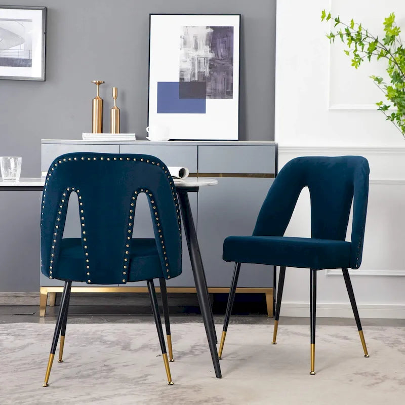 Lot de 2 chaises de salle à manger modernes et contemporaines rembourrées avec clous décoratifs et pieds en métal