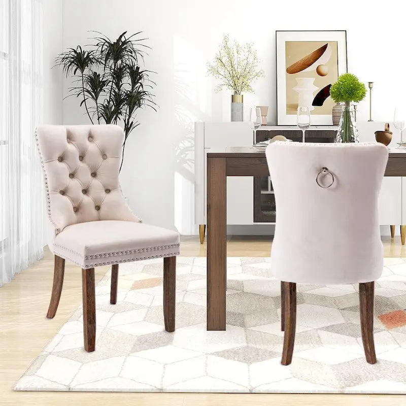 Lot de 2 chaises de salle à manger en velours, chaises de salle à manger rembourrées haut de gamme avec dossier capitonné, anneau de traction décoratif et pieds en bois massif