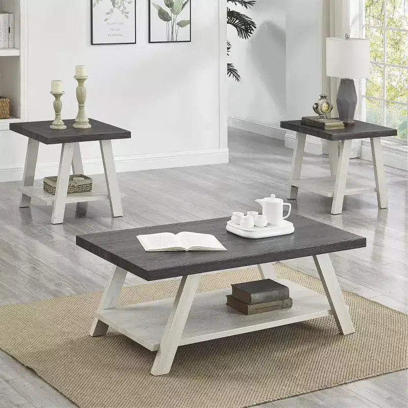 Ensemble table basse et étagères murales 3 pièces contemporain Athens en bois gris vieilli et beige