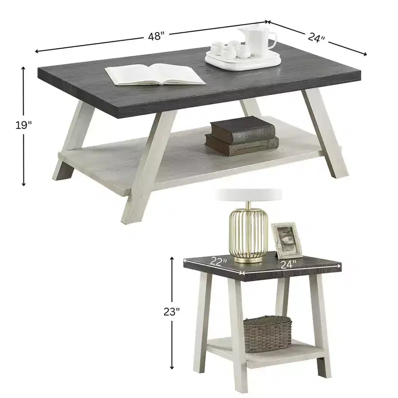 Ensemble table basse et étagères murales 3 pièces contemporain Athens en bois gris vieilli et beige