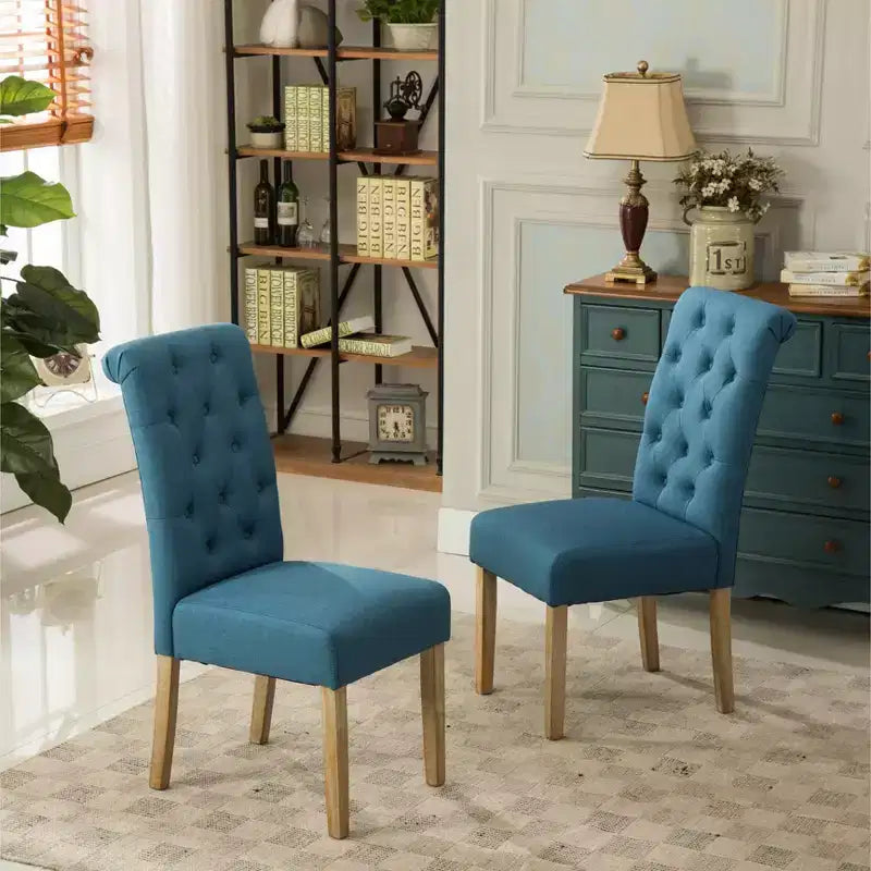 Roundhill Furniture Habit, chaises de salle à manger Parsons en bois massif touffeté, bleues, lot de 2
