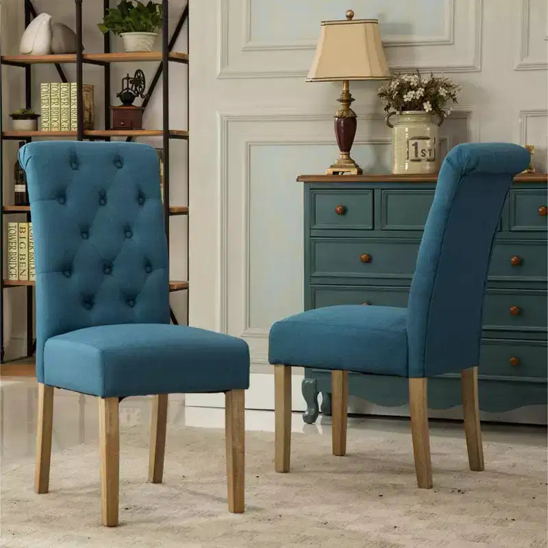 Roundhill Furniture Habit, chaises de salle à manger Parsons en bois massif touffeté, bleues, lot de 2