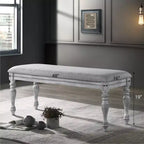 Banc de salle à manger Roundhill Furniture Salines avec pieds tournés et revêtement en tissu, blanc rustique