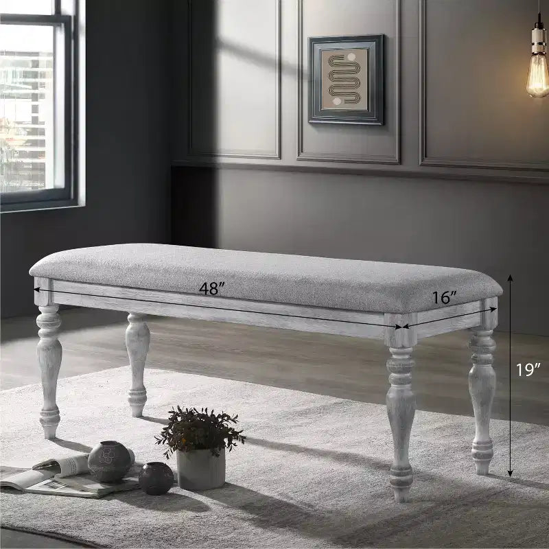Banc de salle à manger Roundhill Furniture Salines avec pieds tournés et revêtement en tissu, blanc rustique