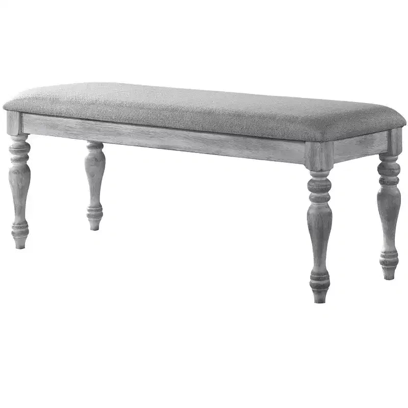 Banc de salle à manger Roundhill Furniture Salines avec pieds tournés et revêtement en tissu, blanc rustique