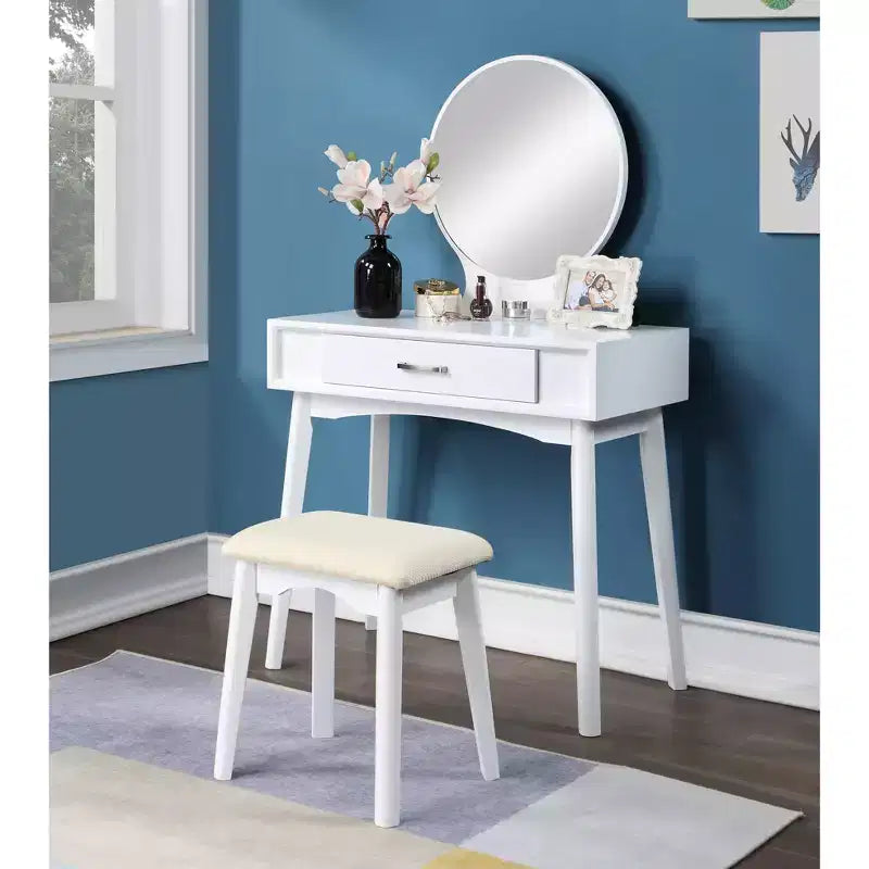 Ensemble coiffeuse et tabouret Maly en bois contemporain, blanc