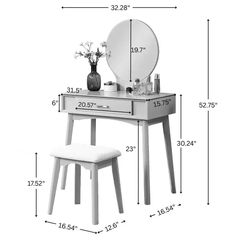 Ensemble coiffeuse et tabouret Maly en bois contemporain, blanc