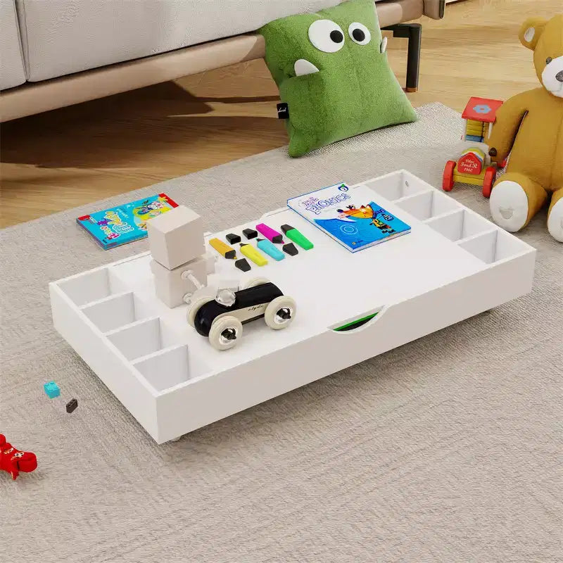 Table de jeu et organisateur de jouets 2 en 1 compatible avec les Lego, pour rangement sous le lit ou le canapé - Blanc (38 x 18,7 x 5,9)