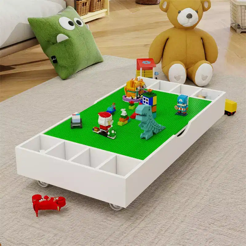 Table de jeu et organisateur de jouets 2 en 1 compatible avec les Lego, pour rangement sous le lit ou le canapé - Blanc (38 x 18,7 x 5,9)