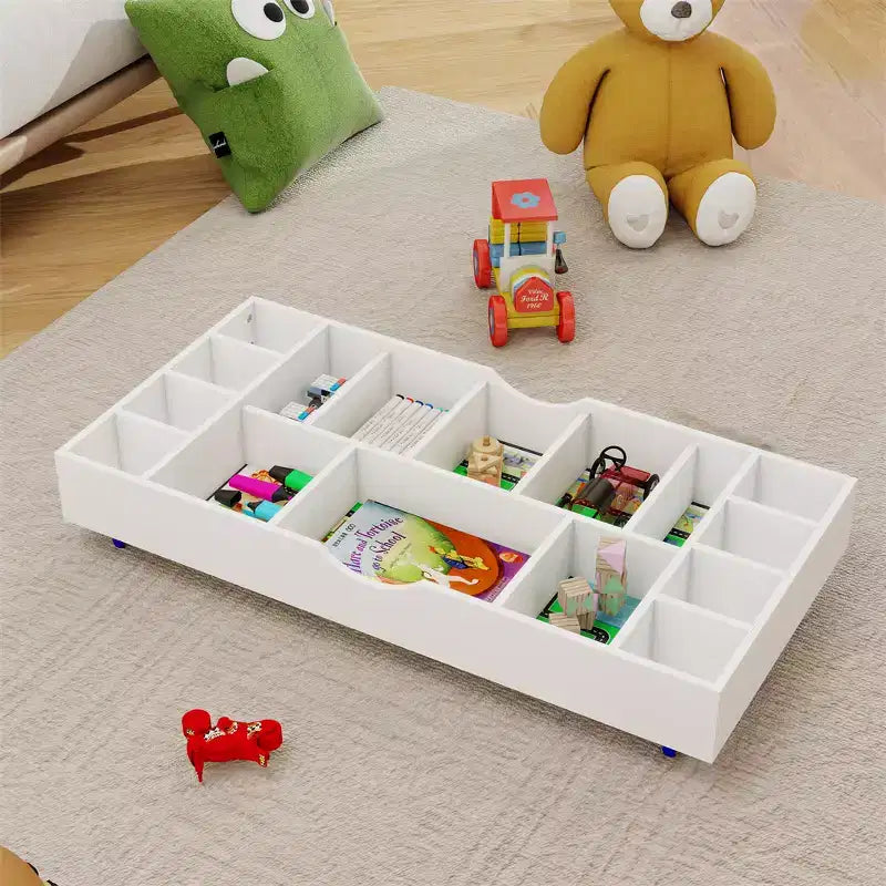 Table de jeu et organisateur de jouets 2 en 1 compatible avec les Lego, pour rangement sous le lit ou le canapé - Blanc (38 x 18,7 x 5,9)