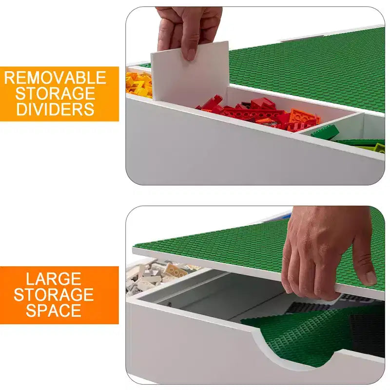 Table de jeu et organisateur de jouets 2 en 1 compatible avec les Lego, pour rangement sous le lit ou le canapé - Blanc (38 x 18,7 x 5,9)