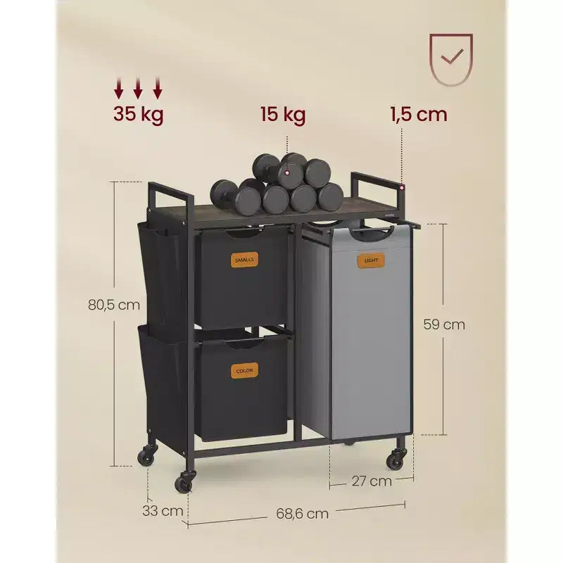 VASAGLE Panier à linge avec 3 compartiments, 100 L (26,4 gal) Séparateur de linge, Chariot à linge roulant avec étagères, Petites poches latérales