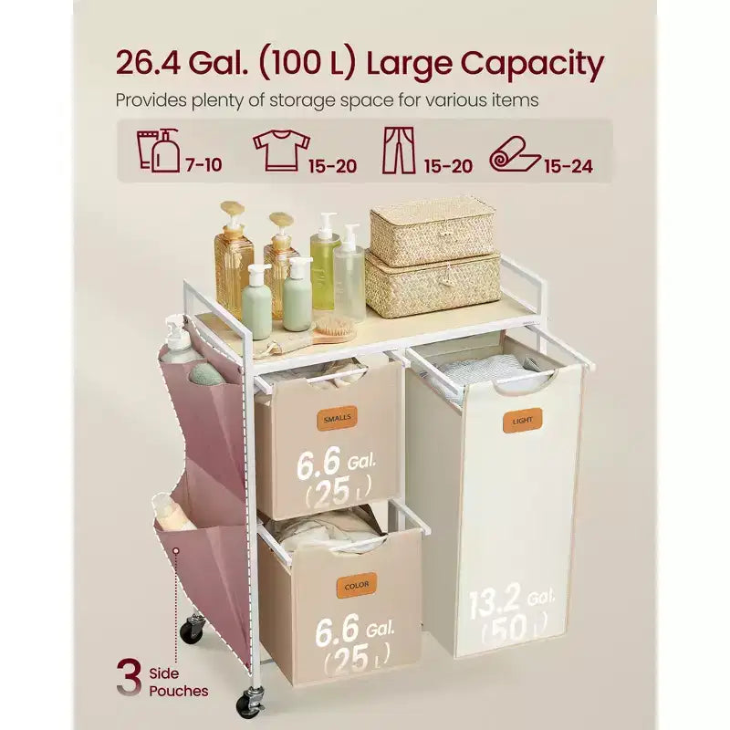 VASAGLE Panier à linge avec 3 compartiments, 100 L (26,4 gal) Séparateur de linge, Chariot à linge roulant avec étagères, Petites poches latérales