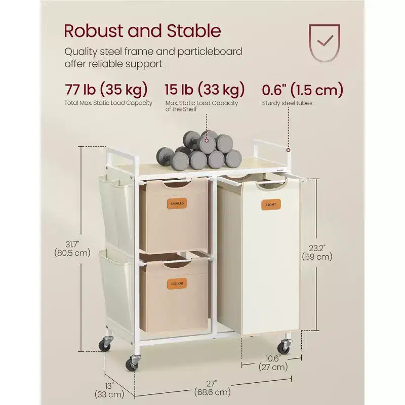 VASAGLE Panier à linge avec 3 compartiments, 100 L (26,4 gal) Séparateur de linge, Chariot à linge roulant avec étagères, Petites poches latérales