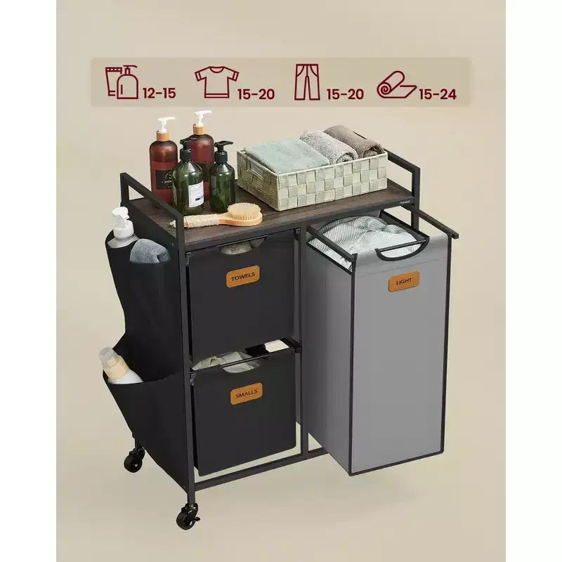 VASAGLE Panier à linge avec 3 compartiments, 100 L (26,4 gal) Séparateur de linge, Chariot à linge roulant avec étagères, Petites poches latérales