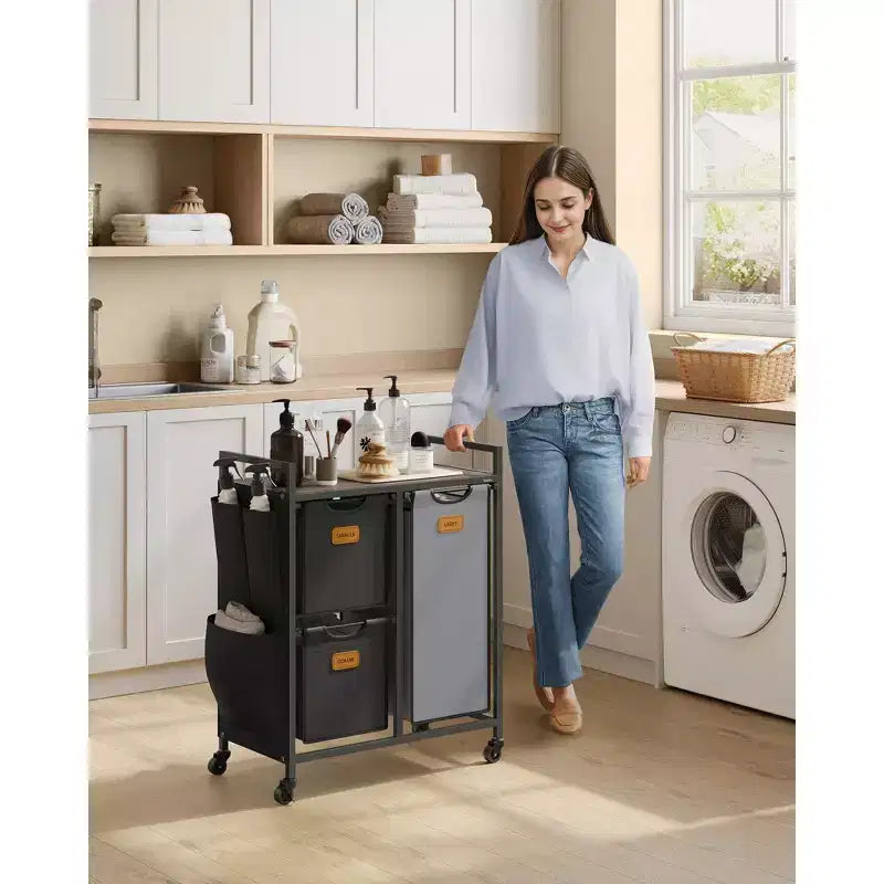 VASAGLE Panier à linge avec 3 compartiments, 100 L (26,4 gal) Séparateur de linge, Chariot à linge roulant avec étagères, Petites poches latérales
