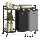 VASAGLE Laundry Hamper with 2 Compartments, 26.4 Gal. (100 L) Laundry Sorter, Rolling Laundry Cart with Shelves, Ink Black and Dove Gray