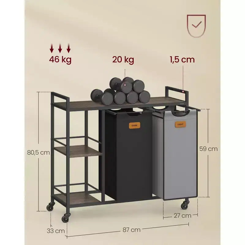 VASAGLE Panier à Linge Double, 100 L, Chariot à Linge Roulant avec Étagères, Noir Encre et Gris Colombe