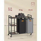 VASAGLE Panier à Linge Double, 100 L, Chariot à Linge Roulant avec Étagères, Noir Encre et Gris Colombe