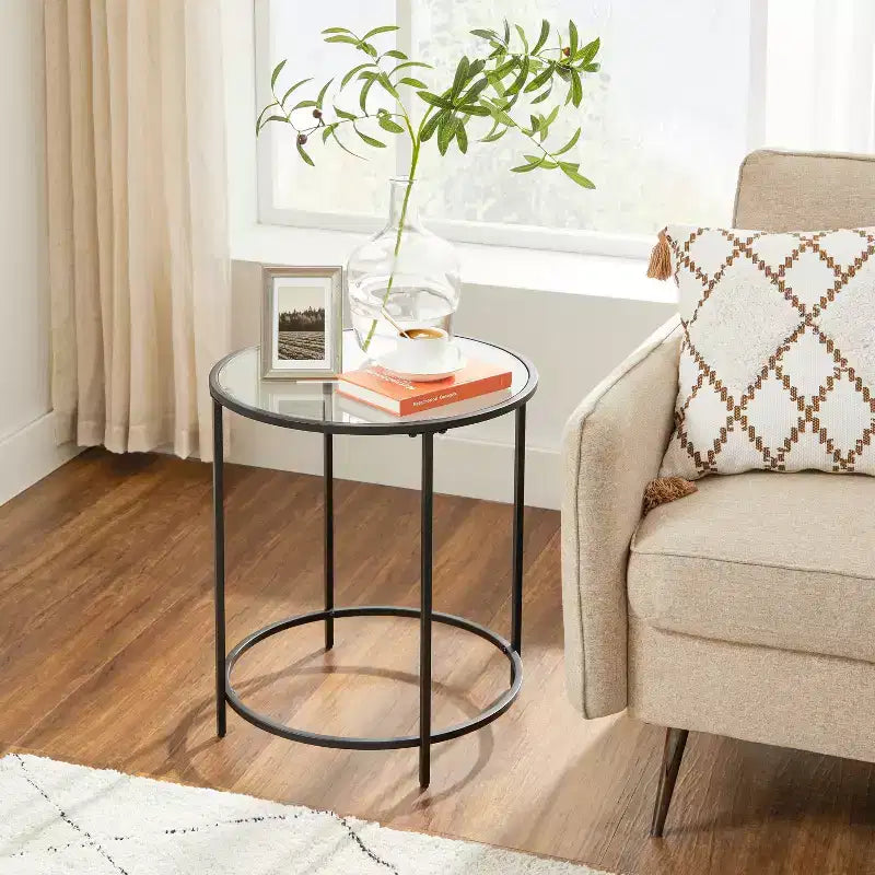 VASAGLE Tables d'appoint rondes, lot de 2, Tables d'appoint en verre avec cadre en métal, Tables basses noires de style moderne