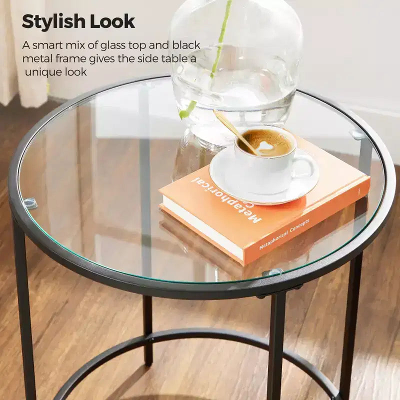 VASAGLE Tables d'appoint rondes, lot de 2, Tables d'appoint en verre avec cadre en métal, Tables basses noires de style moderne