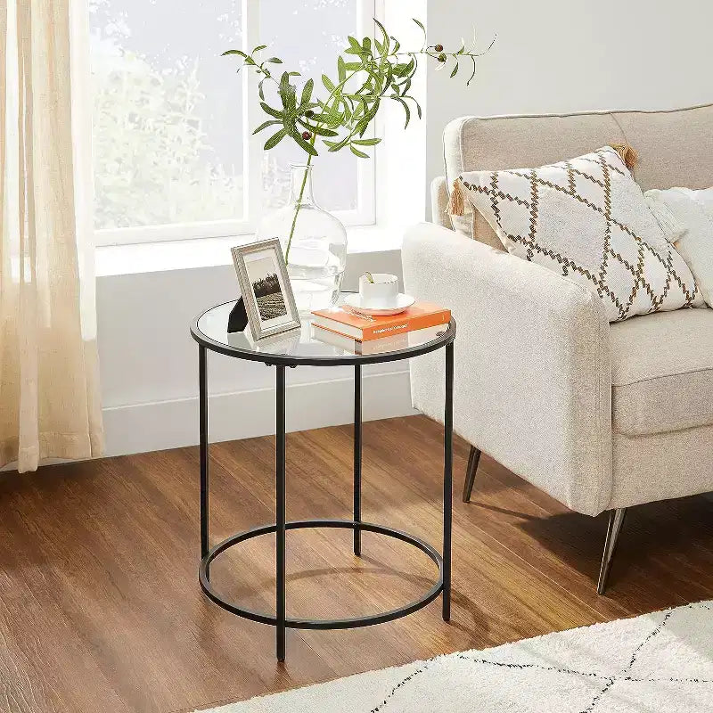 VASAGLE Tables d'appoint rondes, lot de 2, Tables d'appoint en verre avec cadre en métal, Tables basses noires de style moderne