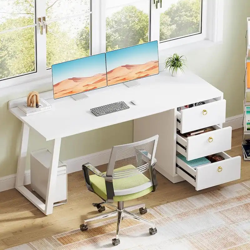 Bureau informatique blanc avec tiroirs, table d'étude moderne de 140 cm pour bureau à domicile