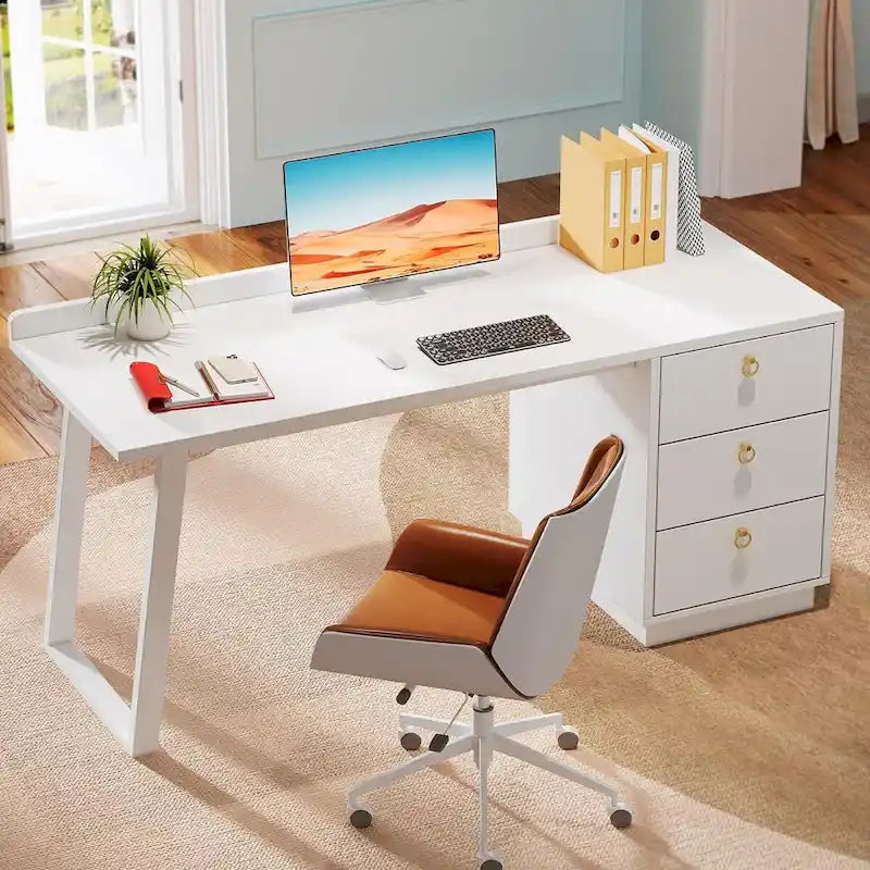 Bureau informatique blanc avec tiroirs, table d'étude moderne de 140 cm pour bureau à domicile