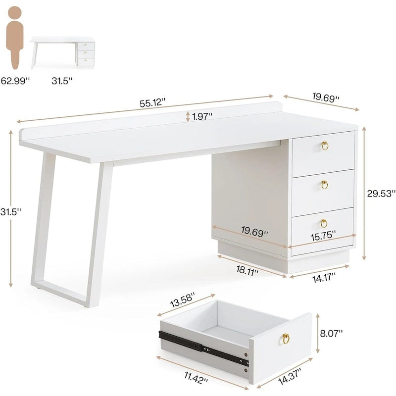Bureau informatique blanc avec tiroirs, table d'étude moderne de 140 cm pour bureau à domicile