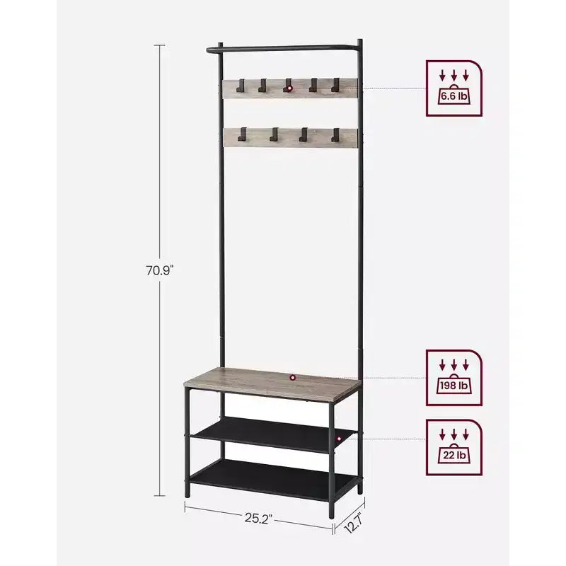 VASAGLE Meuble d'entrée avec banc et rangement à chaussures, Banc d'entrée avec porte-manteau et étagère à chaussures, Étagères en tissu