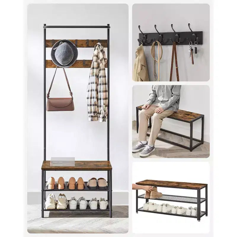 VASAGLE Meuble d'entrée avec banc et rangement à chaussures, Banc d'entrée avec porte-manteau et étagère à chaussures, Étagères en tissu
