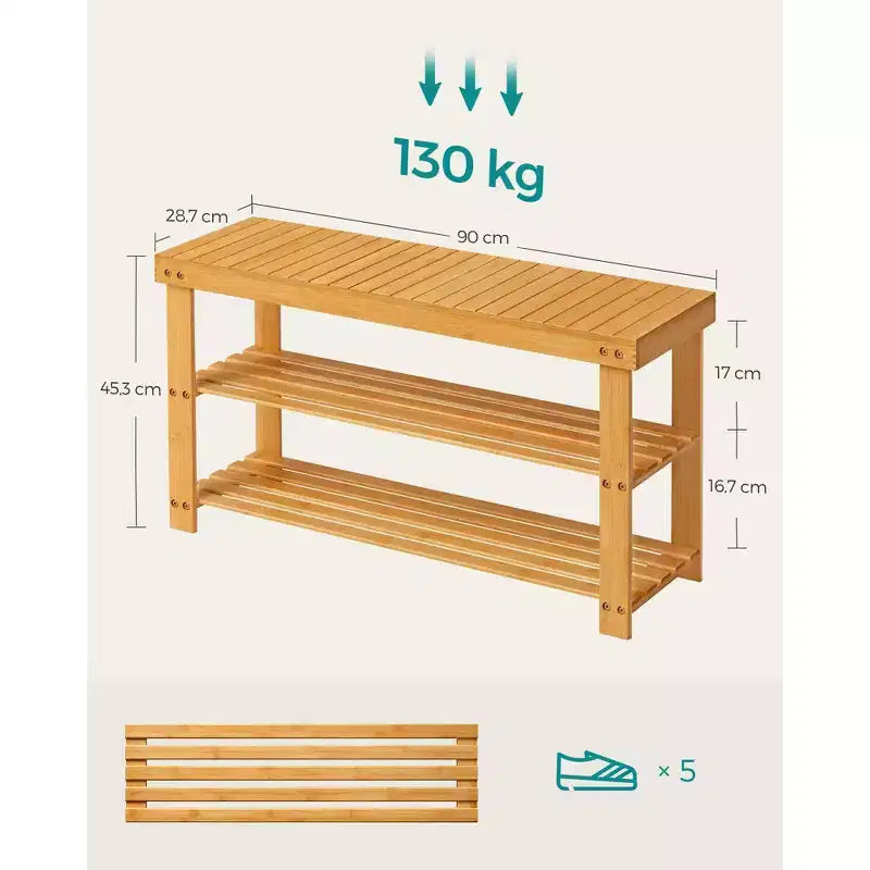 SONGMICS Banc range-chaussures, meuble de rangement pour chaussures en bambou à 3 niveaux, banc d'entrée, supporte jusqu'à 130 kg, 28,7 x 90 x 45,2 cm