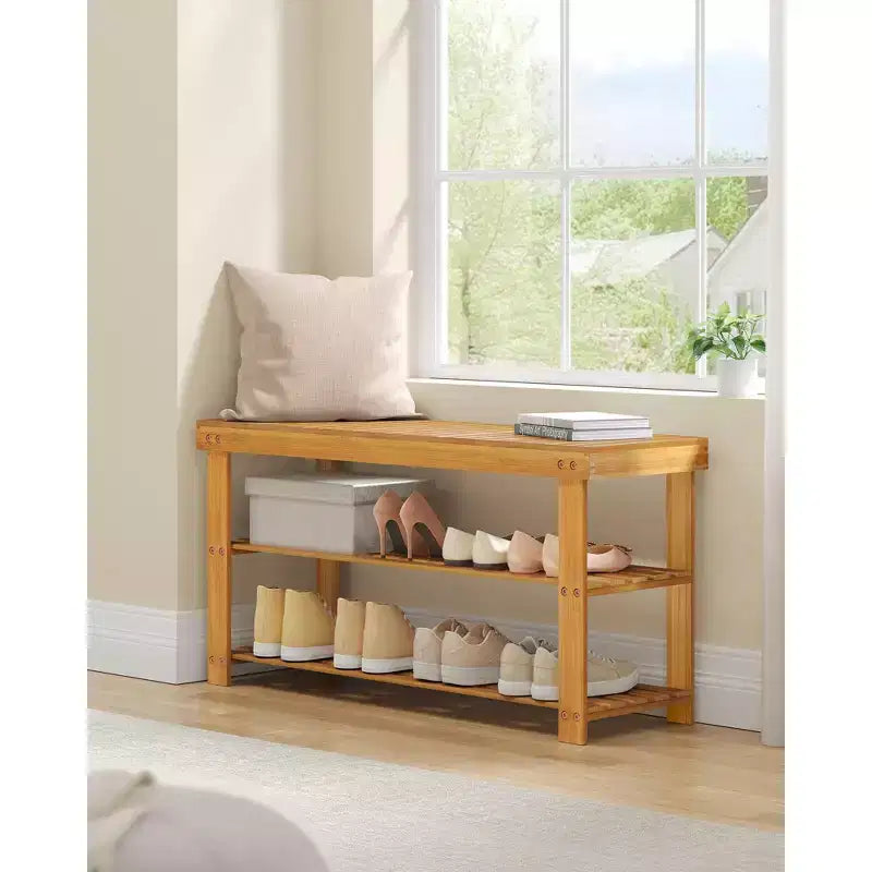 SONGMICS Banc range-chaussures, meuble de rangement pour chaussures en bambou à 3 niveaux, banc d'entrée, supporte jusqu'à 130 kg, 28,7 x 90 x 45,2 cm