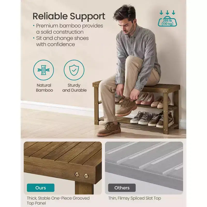 SONGMICS Banc range-chaussures, meuble de rangement pour chaussures en bambou à 3 niveaux, banc d'entrée, supporte jusqu'à 130 kg, 28,7 x 90 x 45,2 cm
