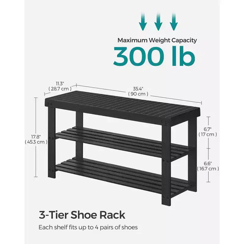 SONGMICS Banc range-chaussures, meuble de rangement pour chaussures en bambou à 3 niveaux, banc d'entrée, supporte jusqu'à 130 kg, 28,7 x 90 x 45,2 cm