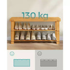 SONGMICS Banc range-chaussures, meuble de rangement pour chaussures en bambou à 3 niveaux, banc d'entrée, supporte jusqu'à 130 kg, 28,7 x 90 x 45,2 cm