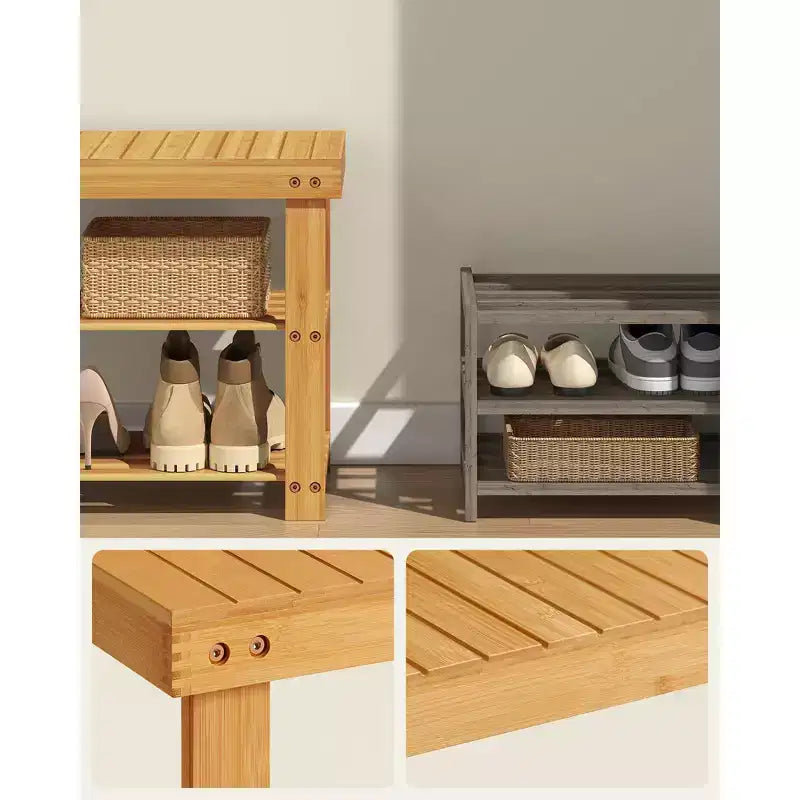SONGMICS Banc range-chaussures, meuble de rangement pour chaussures en bambou à 3 niveaux, banc d'entrée, supporte jusqu'à 130 kg, 28,7 x 90 x 45,2 cm