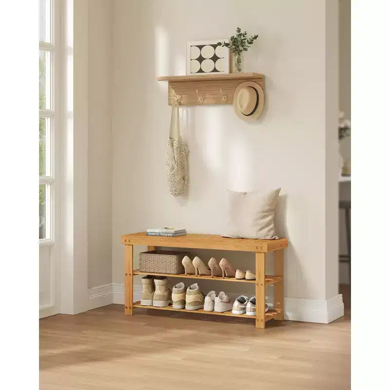 SONGMICS Banc range-chaussures, meuble de rangement pour chaussures en bambou à 3 niveaux, banc d'entrée, supporte jusqu'à 130 kg, 28,7 x 90 x 45,2 cm
