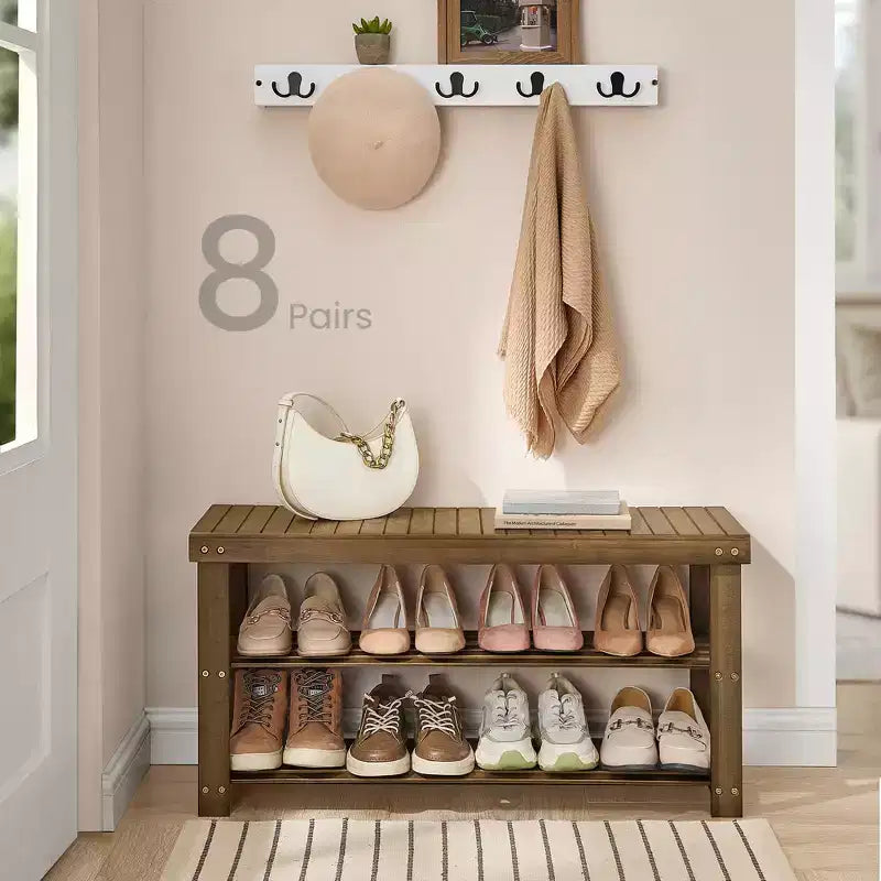 SONGMICS Banc range-chaussures, meuble de rangement pour chaussures en bambou à 3 niveaux, banc d'entrée, supporte jusqu'à 130 kg, 28,7 x 90 x 45,2 cm