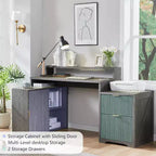 Bureau d'angle moderne en L de 67 pouces avec armoire de rangement et tiroirs, bureau d'ordinateur en bois avec prises de courant, bureau à hauteur réglable