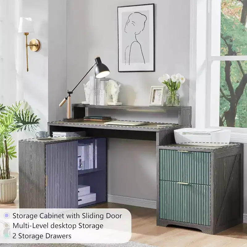 Bureau d'angle moderne en L de 67 pouces avec armoire de rangement et tiroirs, bureau d'ordinateur en bois avec prises de courant, bureau à hauteur réglable
