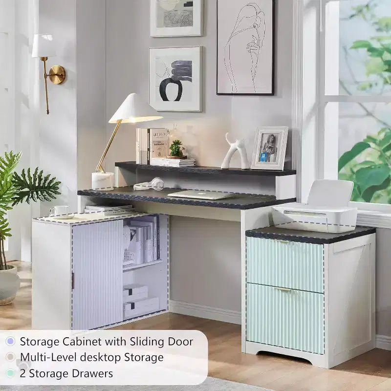 Bureau d'angle moderne en L de 67 pouces avec armoire de rangement et tiroirs, bureau d'ordinateur en bois avec prises de courant, bureau à hauteur réglable
