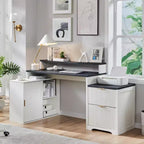 Bureau d'angle moderne en L de 67 pouces avec armoire de rangement et tiroirs, bureau d'ordinateur en bois avec prises de courant, bureau à hauteur réglable