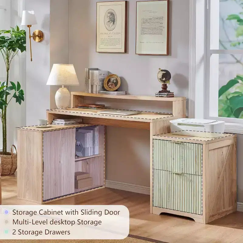 Bureau d'angle moderne en L de 67 pouces avec armoire de rangement et tiroirs, bureau d'ordinateur en bois avec prises de courant, bureau à hauteur réglable
