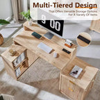 Bureau d'angle moderne en L de 67 pouces avec armoire de rangement et tiroirs, bureau d'ordinateur en bois avec prises de courant, bureau à hauteur réglable