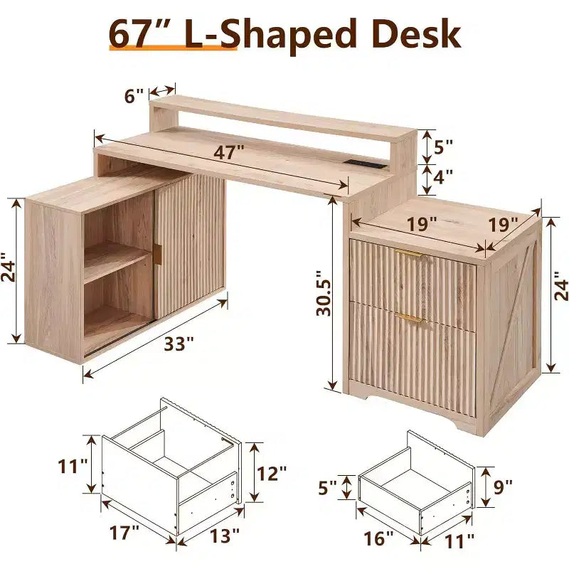 Bureau d'angle moderne en L de 67 pouces avec armoire de rangement et tiroirs, bureau d'ordinateur en bois avec prises de courant, bureau à hauteur réglable