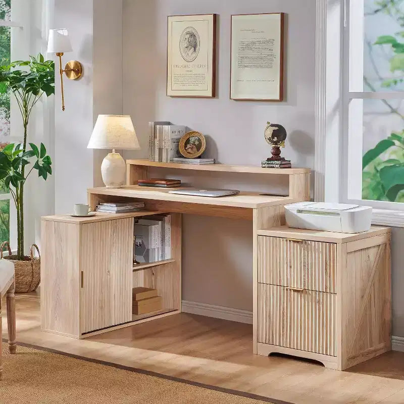 Bureau d'angle moderne en L de 67 pouces avec armoire de rangement et tiroirs, bureau d'ordinateur en bois avec prises de courant, bureau à hauteur réglable