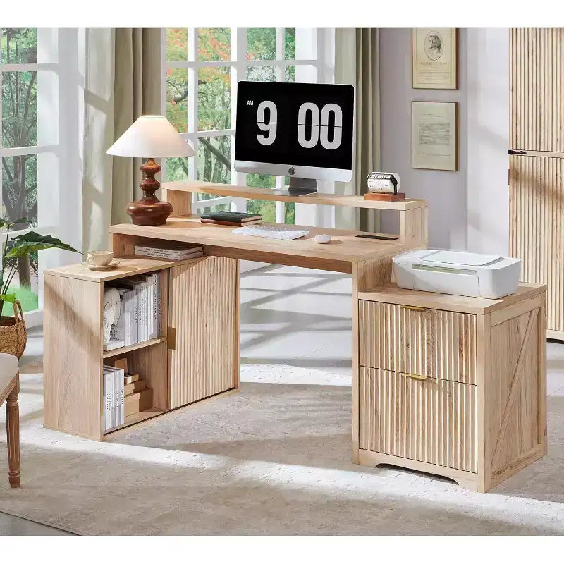 Bureau d'angle moderne en L de 67 pouces avec armoire de rangement et tiroirs, bureau d'ordinateur en bois avec prises de courant, bureau à hauteur réglable