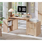 Bureau d'angle moderne en L de 67 pouces avec armoire de rangement et tiroirs, bureau d'ordinateur en bois avec prises de courant, bureau à hauteur réglable