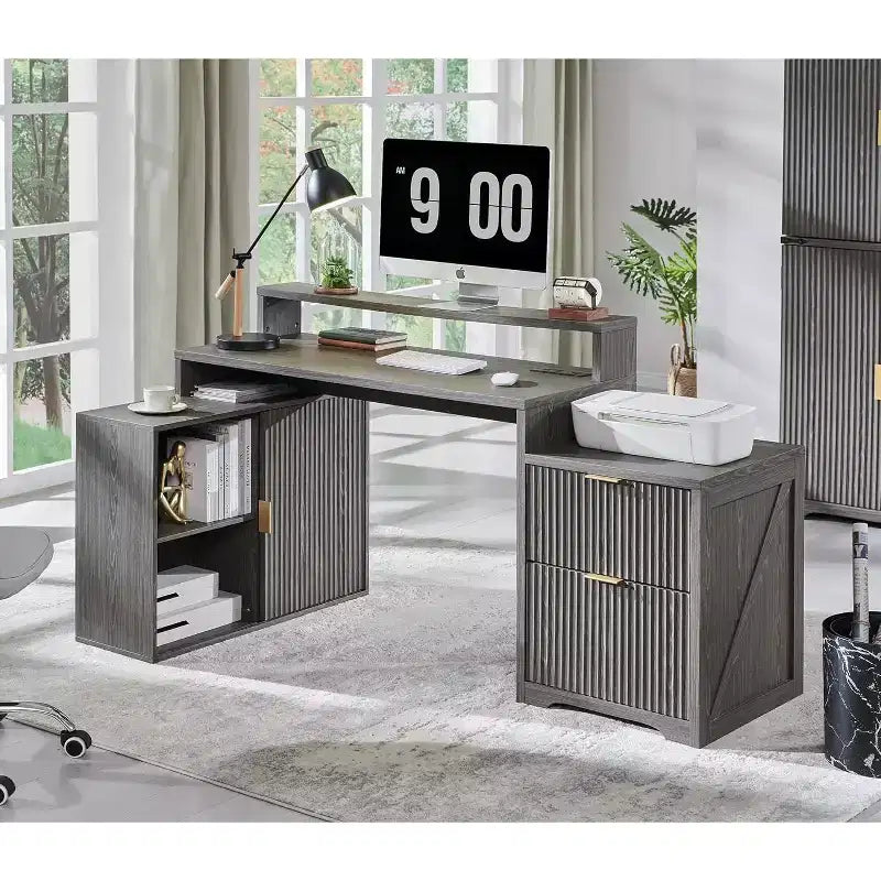 Bureau d'angle moderne en L de 67 pouces avec armoire de rangement et tiroirs, bureau d'ordinateur en bois avec prises de courant, bureau à hauteur réglable